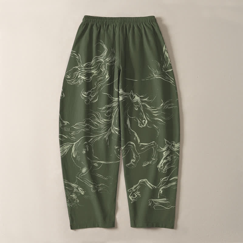 Buddha Stones Pantaloni da uomo affusolati con coulisse e tasche, in puro cotone, con motivo a cavalli al galoppo. - image 10