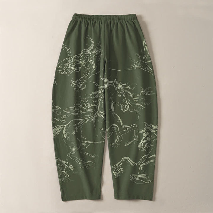 Buddha Stones Pantaloni da uomo affusolati con coulisse e tasche, in puro cotone, con motivo a cavalli al galoppo. - image 10