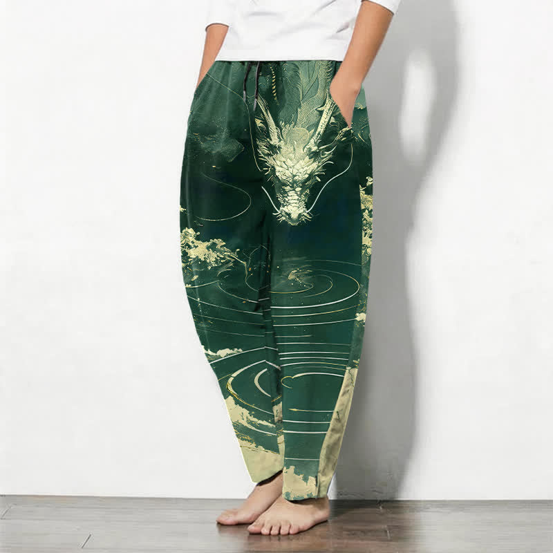 Buddha Stones Pantaloni da uomo affusolati in puro cotone con motivo a onde di drago dorato e coulisse, con tasche. - image 12