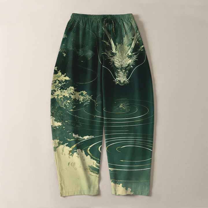 Buddha Stones Pantaloni da uomo affusolati in puro cotone con motivo a onde di drago dorato e coulisse, con tasche. - image 14