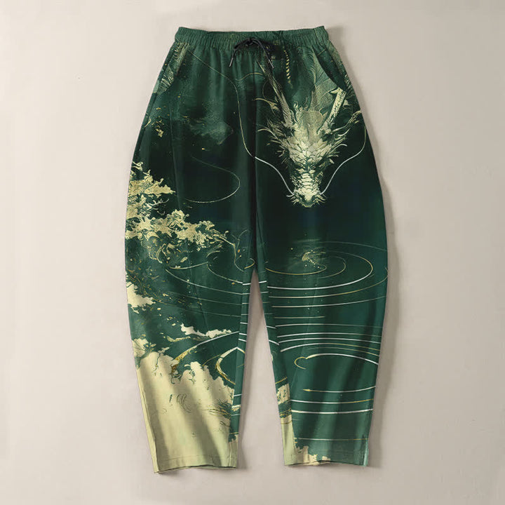 Buddha Stones Pantaloni da uomo affusolati in puro cotone con motivo a onde di drago dorato e coulisse, con tasche. - image 13