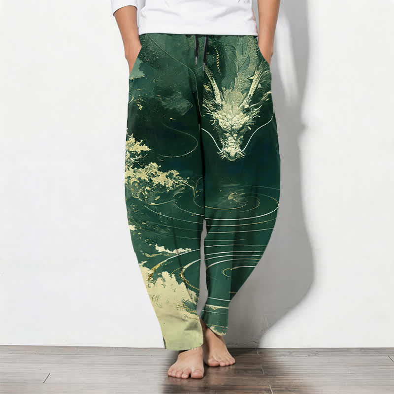 Buddha Stones Pantaloni da uomo affusolati in puro cotone con motivo a onde di drago dorato e coulisse, con tasche. - Verde scuro - US/UK/AU50, EU60 (5XL) - image 11