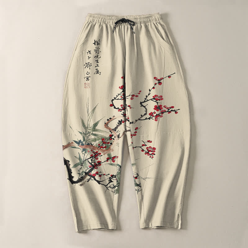 Buddha Stones Pantaloni da uomo affusolati con coulisse e tasche, in puro cotone, con stampa a fiori di prugno. - image 2