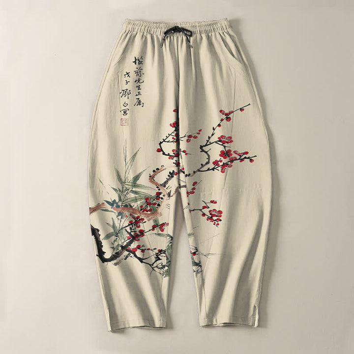 Buddha Stones Pantaloni da uomo affusolati con coulisse e tasche, in puro cotone, con stampa a fiori di prugno. - image 2