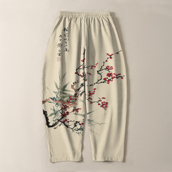 Buddha Stones Pantaloni da uomo affusolati con coulisse e tasche, in puro cotone, con stampa a fiori di prugno. - image 3