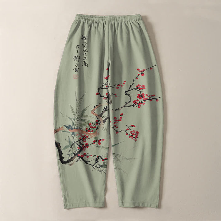 Buddha Stones Pantaloni da uomo affusolati con coulisse e tasche, in puro cotone, con stampa a fiori di prugno. - image 10