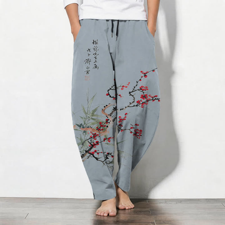 Buddha Stones Pantaloni da uomo affusolati con coulisse e tasche, in puro cotone, con stampa a fiori di prugno. - Blu acciaio chiaro - US/UK/AU50, EU60 (5XL) - image 11