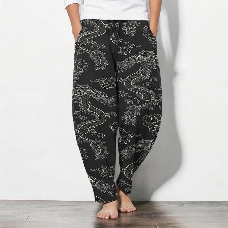 Buddha Stones Pantaloni da uomo affusolati in puro cotone con motivo drago orientale e nuvole, con coulisse e tasche. - Nero - US/UK/AU50, EU60 (5XL) - image 7