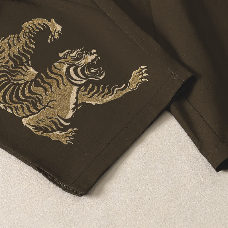 Buddha Stones Pantaloni da uomo affusolati in puro cotone con motivo tigre dorata e coulisse, con tasche. - image 5