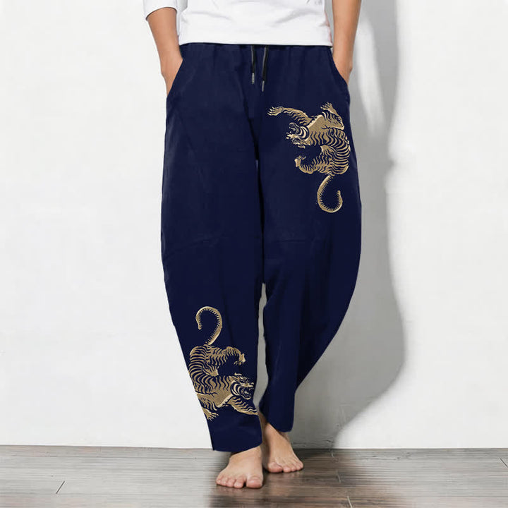 Buddha Stones Pantaloni da uomo affusolati in puro cotone con motivo tigre dorata e coulisse, con tasche. - Blu notte - US/UK/AU50, EU60 (5XL) - image 7