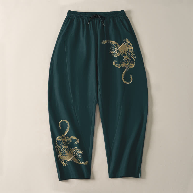 Buddha Stones Pantaloni da uomo affusolati in puro cotone con motivo tigre dorata e coulisse, con tasche. - image 13