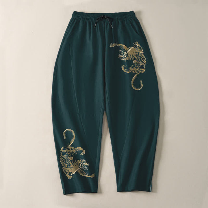 Buddha Stones Pantaloni da uomo affusolati in puro cotone con motivo tigre dorata e coulisse, con tasche. - image 13