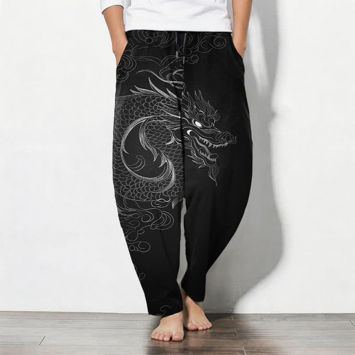 Buddha Stones Pantaloni da uomo affusolati con coulisse e tasche, in puro cotone, con motivo a disegno di drago. - Nero - US/UK/AU50, EU60 (5XL) - image 0