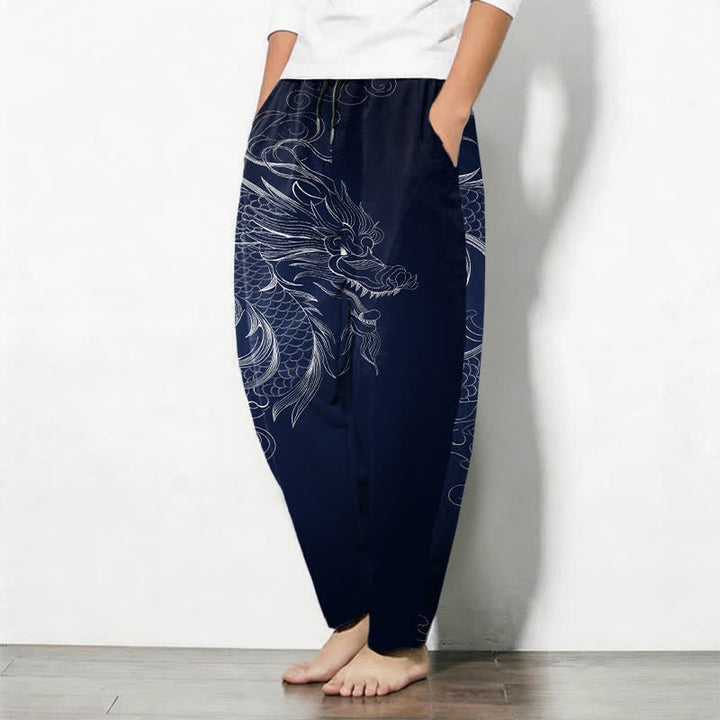 Buddha Stones Pantaloni da uomo affusolati con coulisse e tasche, in puro cotone, con motivo a disegno di drago. - image 8
