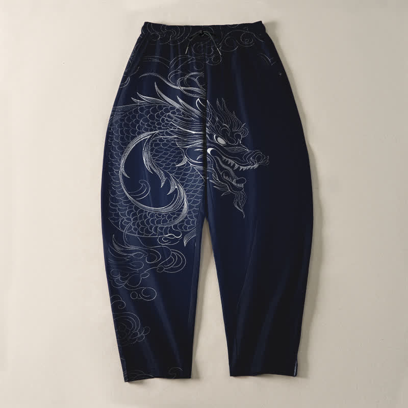 Buddha Stones Pantaloni da uomo affusolati con coulisse e tasche, in puro cotone, con motivo a disegno di drago. - image 9