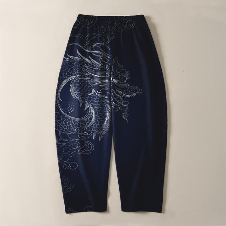 Buddha Stones Pantaloni da uomo affusolati con coulisse e tasche, in puro cotone, con motivo a disegno di drago. - image 10