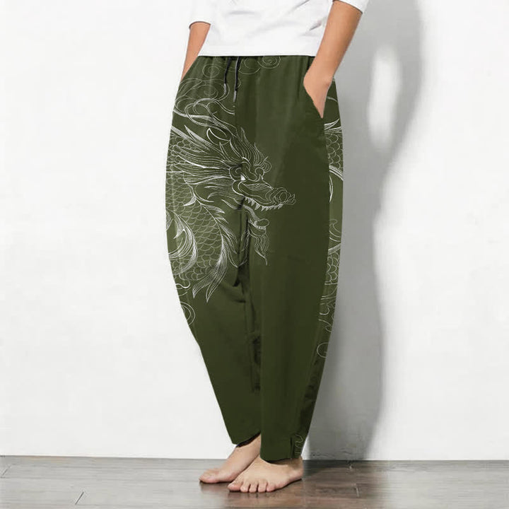 Buddha Stones Pantaloni da uomo affusolati con coulisse e tasche, in puro cotone, con motivo a disegno di drago. - image 12