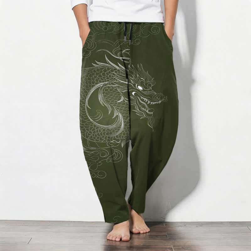 Buddha Stones Pantaloni da uomo affusolati con coulisse e tasche, in puro cotone, con motivo a disegno di drago. - Verde oliva scuro - US/UK/AU50, EU60 (5XL) - image 11