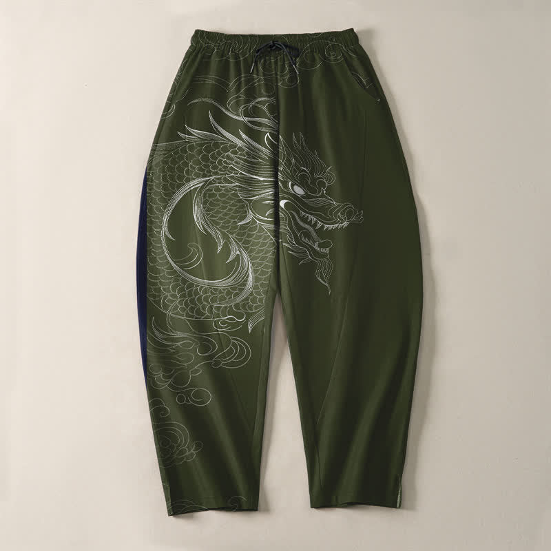 Buddha Stones Pantaloni da uomo affusolati con coulisse e tasche, in puro cotone, con motivo a disegno di drago. - image 13