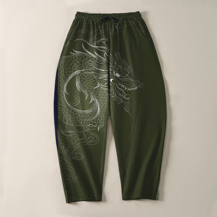 Buddha Stones Pantaloni da uomo affusolati con coulisse e tasche, in puro cotone, con motivo a disegno di drago. - image 13