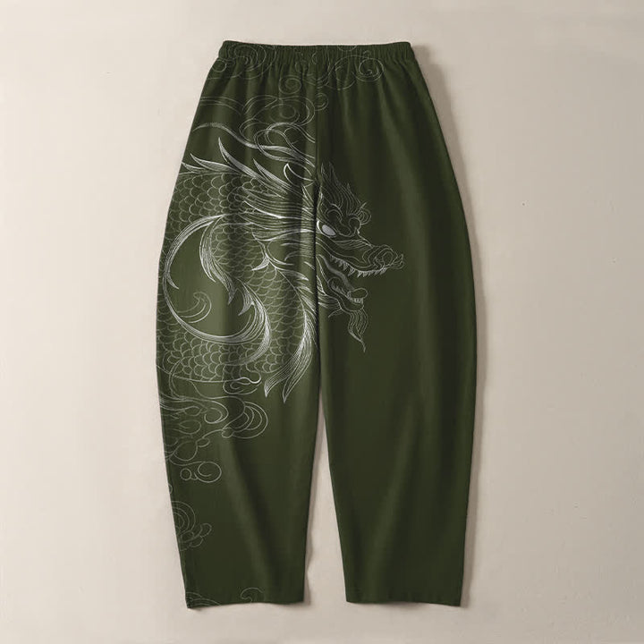 Buddha Stones Pantaloni da uomo affusolati con coulisse e tasche, in puro cotone, con motivo a disegno di drago. - image 14