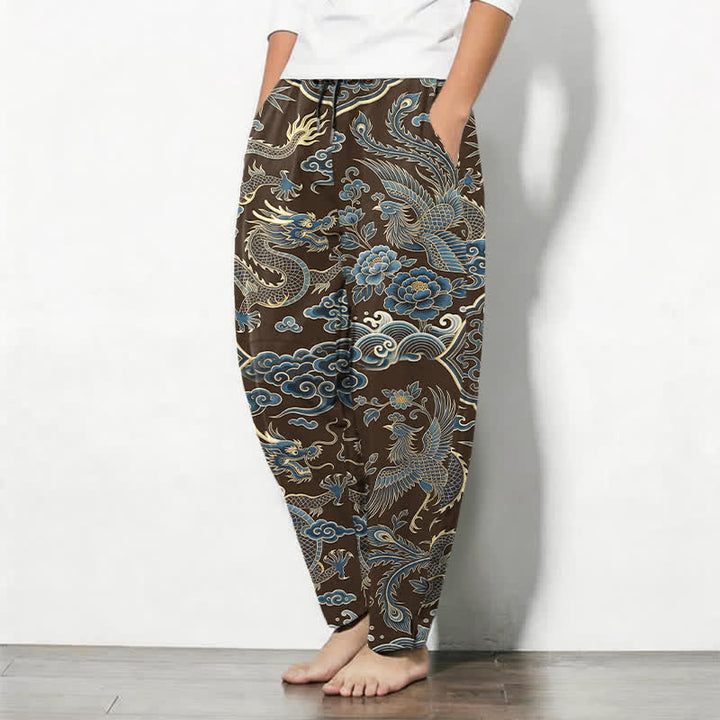 Buddha Stones Pantaloni da uomo affusolati con coulisse e tasche, in puro cotone, con motivo drago azzurro e nuvole. - image 8