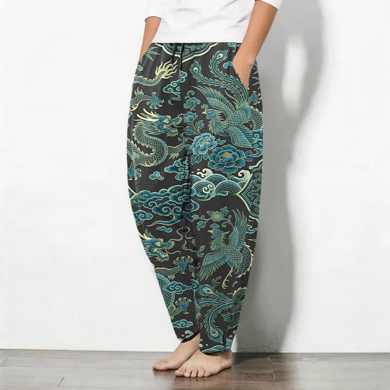 Buddha Stones Pantaloni da uomo affusolati con coulisse e tasche, in puro cotone, con motivo drago azzurro e nuvole. - image 12