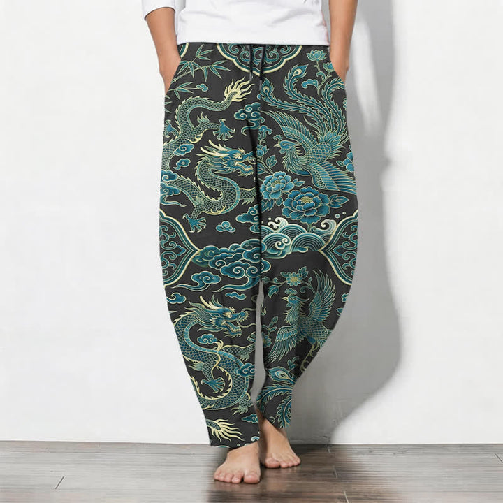 Buddha Stones Pantaloni da uomo affusolati con coulisse e tasche, in puro cotone, con motivo drago azzurro e nuvole. - Verde mare - US/UK/AU50, EU60 (5XL) - image 11