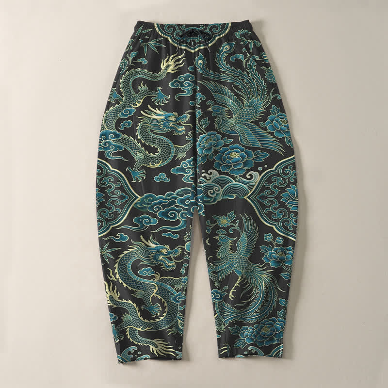 Buddha Stones Pantaloni da uomo affusolati con coulisse e tasche, in puro cotone, con motivo drago azzurro e nuvole. - image 13