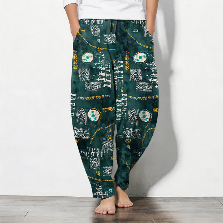 Buddha Stones Pantaloni da uomo affusolati in puro cotone con motivo geometrico a medaglione in stile boho e coulisse, con tasche. - Verde mare - US/UK/AU50, EU60 (5XL) - image 0