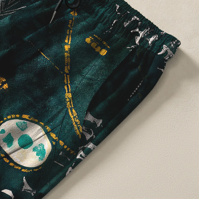 Buddha Stones Pantaloni da uomo affusolati in puro cotone con motivo geometrico a medaglione in stile boho e coulisse, con tasche. - image 4
