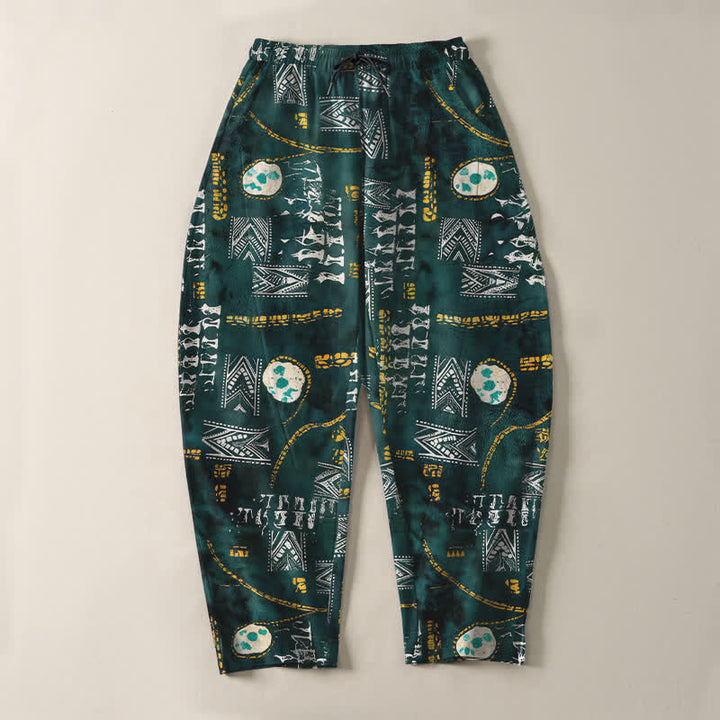 Buddha Stones Pantaloni da uomo affusolati in puro cotone con motivo geometrico a medaglione in stile boho e coulisse, con tasche. - image 2