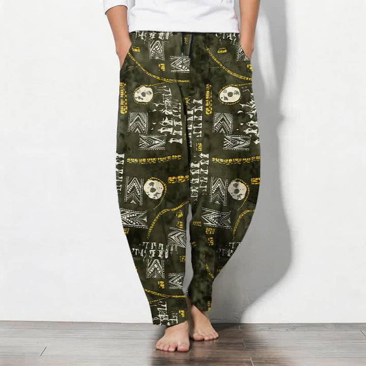 Buddha Stones Pantaloni da uomo affusolati in puro cotone con motivo geometrico a medaglione in stile boho e coulisse, con tasche. - Verde oliva scuro - US/UK/AU50, EU60 (5XL) - image 7