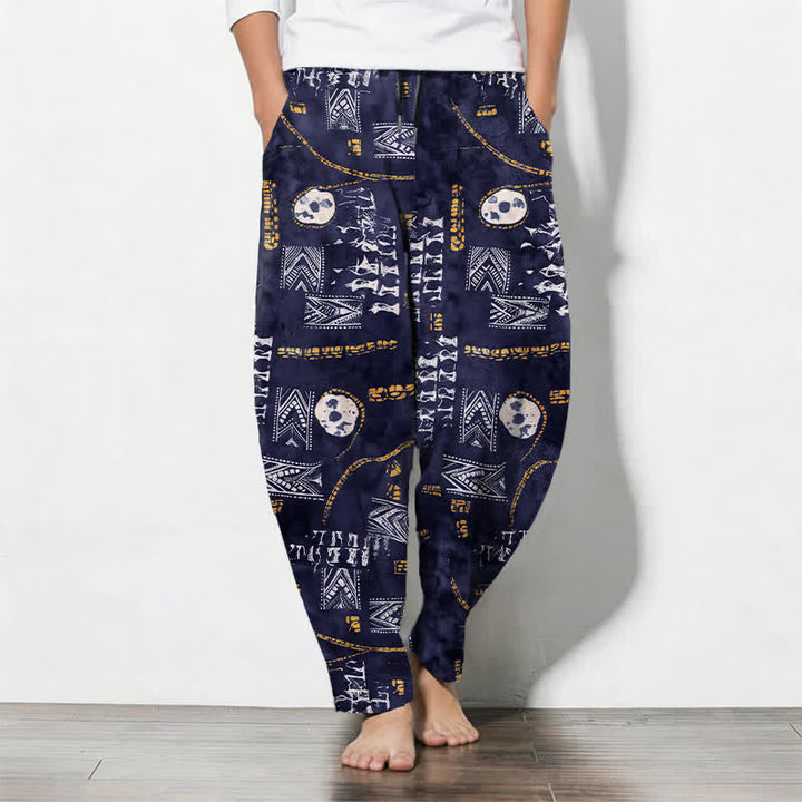 Buddha Stones Pantaloni da uomo affusolati in puro cotone con motivo geometrico a medaglione in stile boho e coulisse, con tasche. - Blu ardesia scuro - US/UK/AU50, EU60 (5XL) - image 11