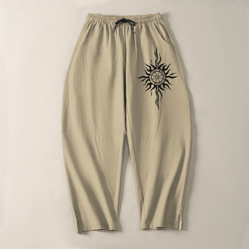 Buddha Stones Pantaloni da uomo affusolati in puro cotone con motivo tribale a sole e coulisse, con tasche. - image 2