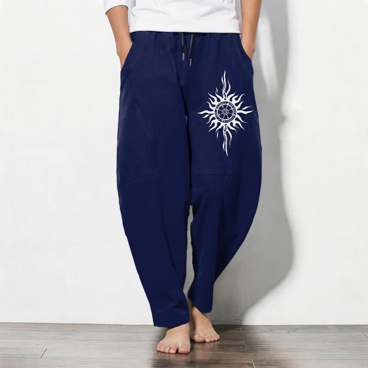 Buddha Stones Pantaloni da uomo affusolati in puro cotone con motivo tribale a sole e coulisse, con tasche. - Marina - US/UK/AU50, EU60 (5XL) - image 7