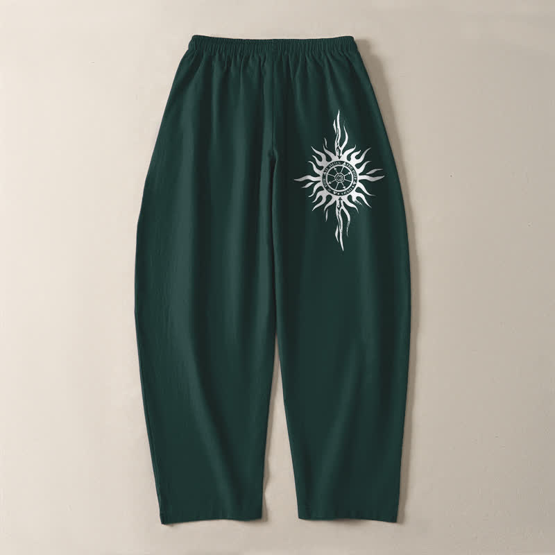 Buddha Stones Pantaloni da uomo affusolati in puro cotone con motivo tribale a sole e coulisse, con tasche. - image 14