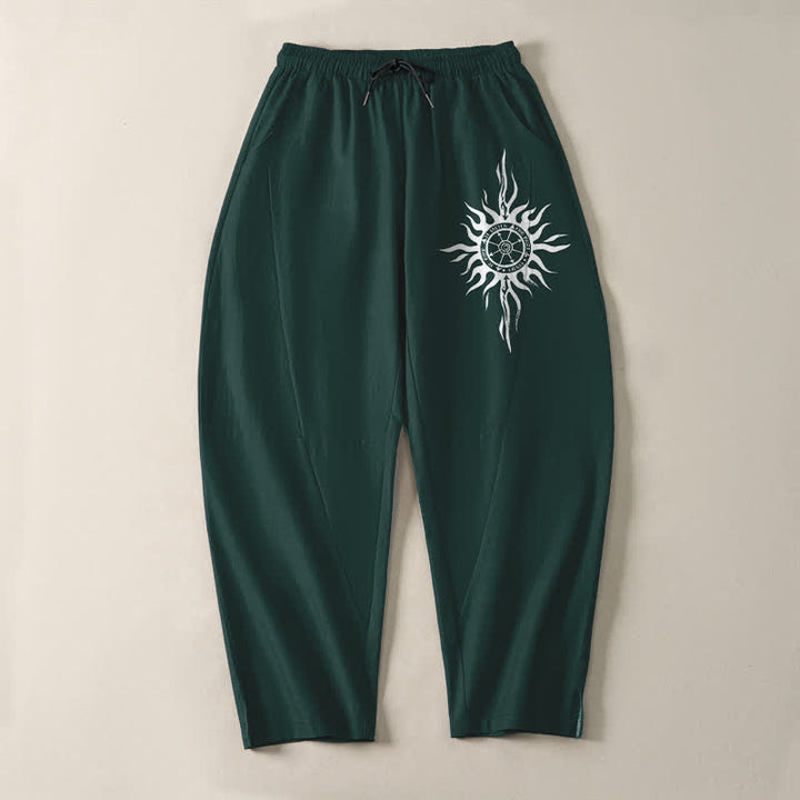 Buddha Stones Pantaloni da uomo affusolati in puro cotone con motivo tribale a sole e coulisse, con tasche. - image 13