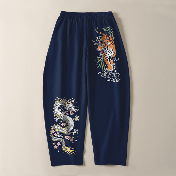 Buddha Stones Pantaloni da uomo affusolati con coulisse e tasche, in puro cotone, con stampa tigre e drago. - image 10