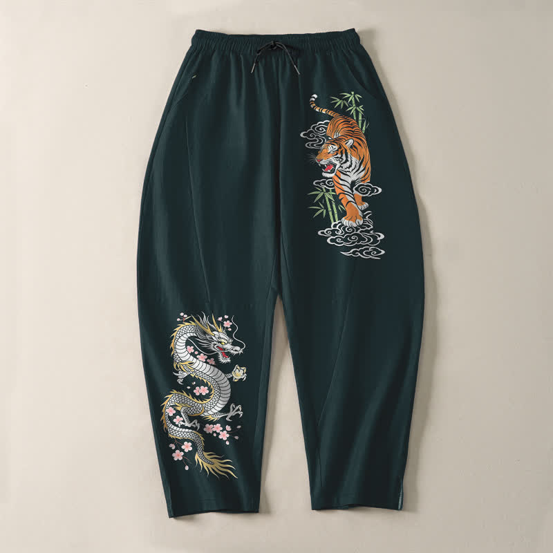 Buddha Stones Pantaloni da uomo affusolati con coulisse e tasche, in puro cotone, con stampa tigre e drago. - image 13