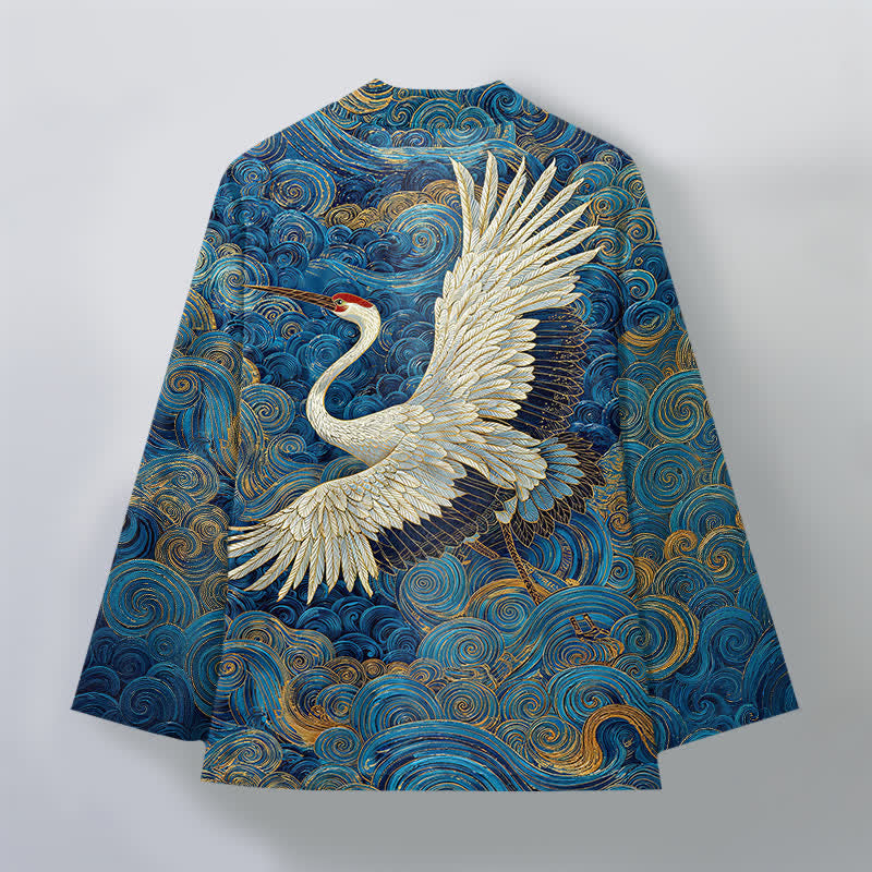 Buddha Stones Kimono da uomo con apertura frontale, modello Cotton Crane con motivo a onde fluide. - image 2