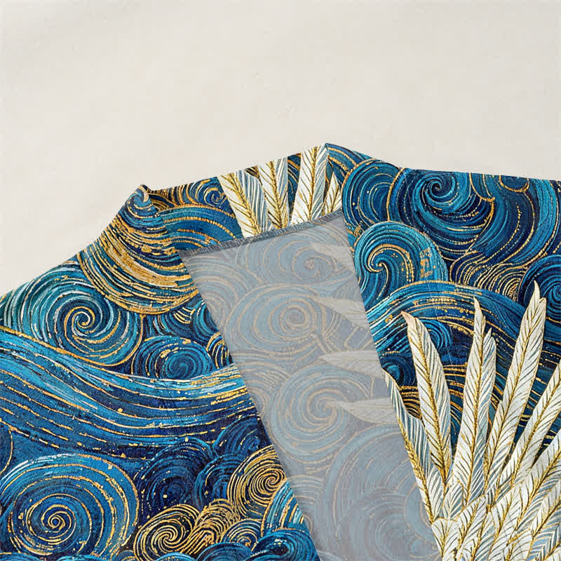 Buddha Stones Kimono da uomo con apertura frontale, modello Cotton Crane con motivo a onde fluide. - image 3