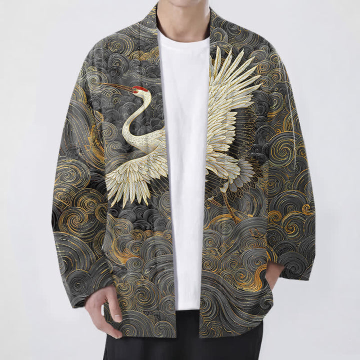 Buddha Stones Kimono da uomo con apertura frontale, modello Cotton Crane con motivo a onde fluide. - Grigio scuro - US/UK/AU48, EU58 (4XL) - image 6