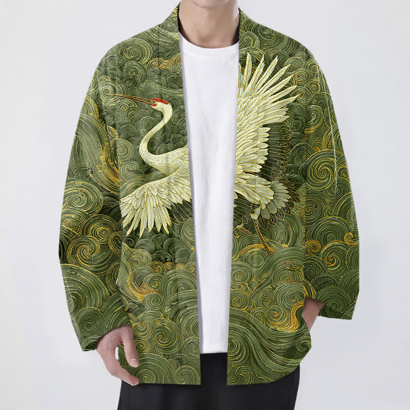 Buddha Stones Kimono da uomo con apertura frontale, modello Cotton Crane con motivo a onde fluide. - Verde oliva - US/UK/AU48, EU58 (4XL) - image 9