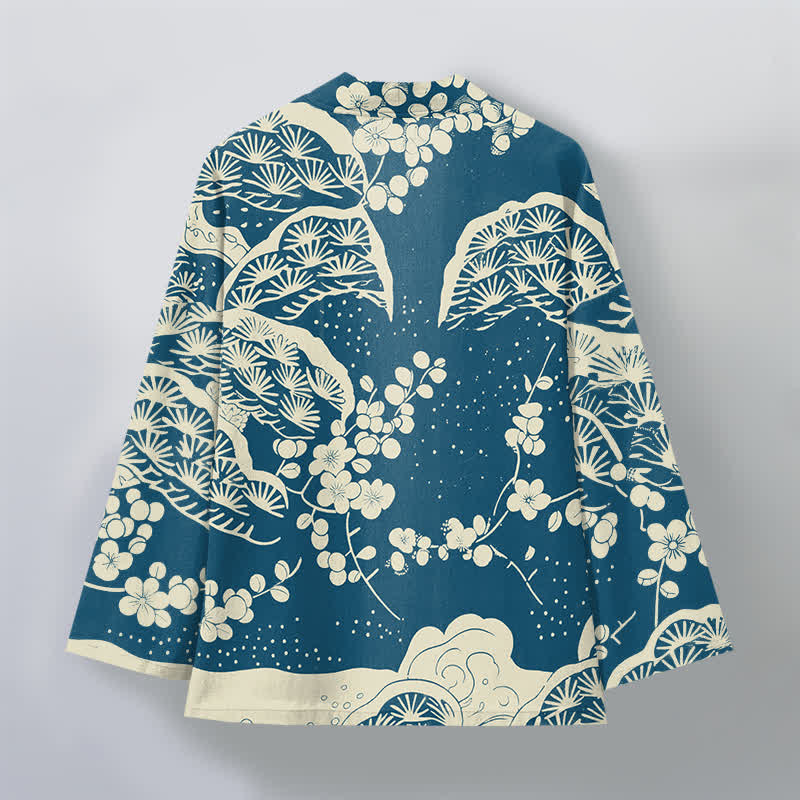 Buddha Stones Kimono da uomo con apertura frontale, in cotone, con motivo a fiori di pino e prugno. - image 2