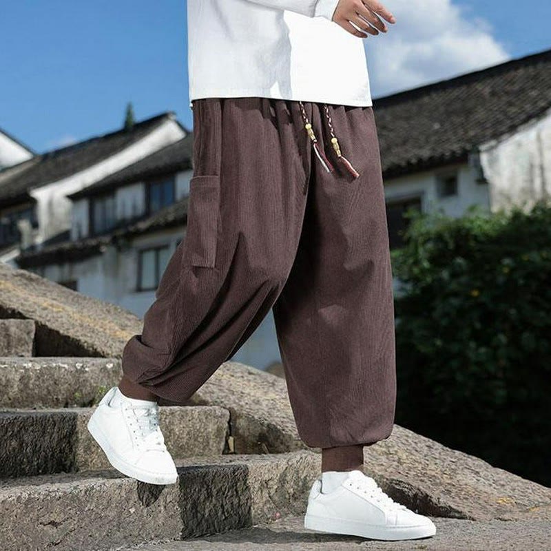 Buddha Stones Pantaloni casual autunno/inverno con coulisse e tasche applicate, pantaloni alla caviglia da uomo affusolati con tasca - image 8