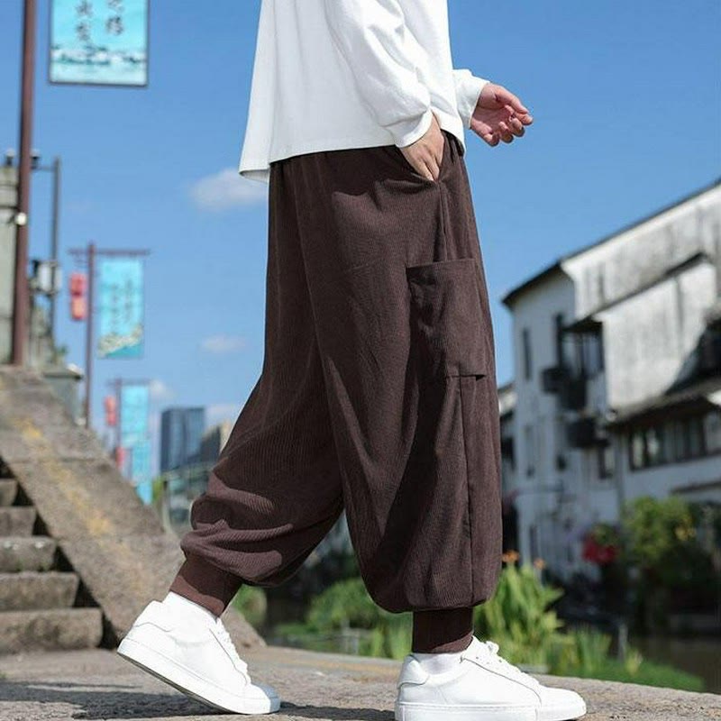 Buddha Stones Pantaloni casual autunno/inverno con coulisse e tasche applicate, pantaloni alla caviglia da uomo affusolati con tasca - image 9