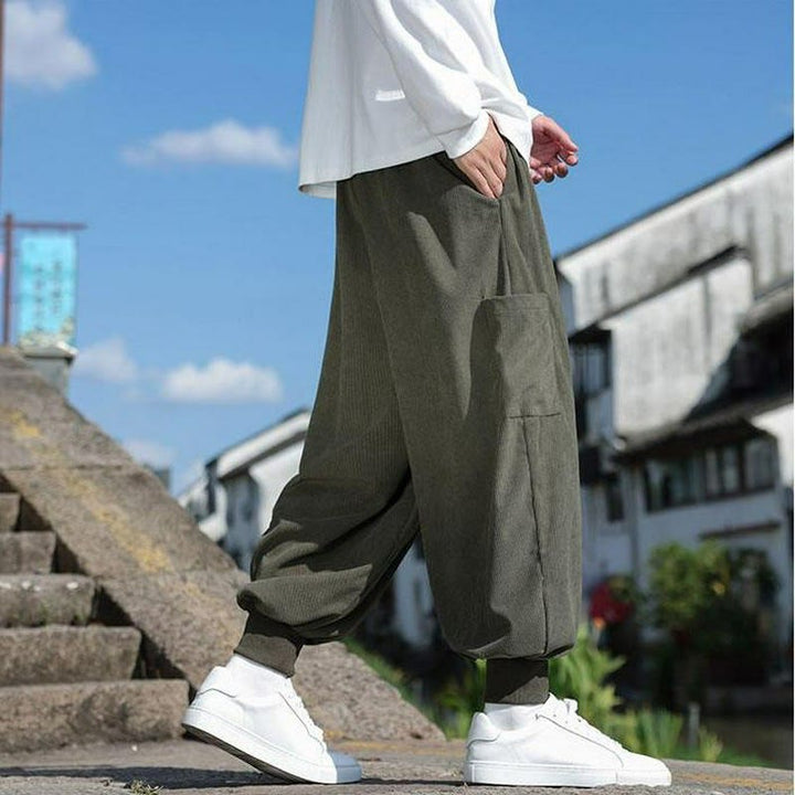 Buddha Stones Pantaloni casual autunno/inverno con coulisse e tasche applicate, pantaloni alla caviglia da uomo affusolati con tasca - image 4