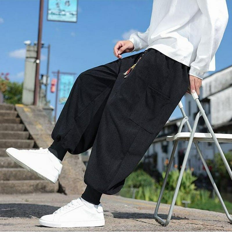 Buddha Stones Pantaloni casual autunno/inverno con coulisse e tasche applicate, pantaloni alla caviglia da uomo affusolati con tasca - Nero - US/UK/AU46, EU56 (5XL) - image 12