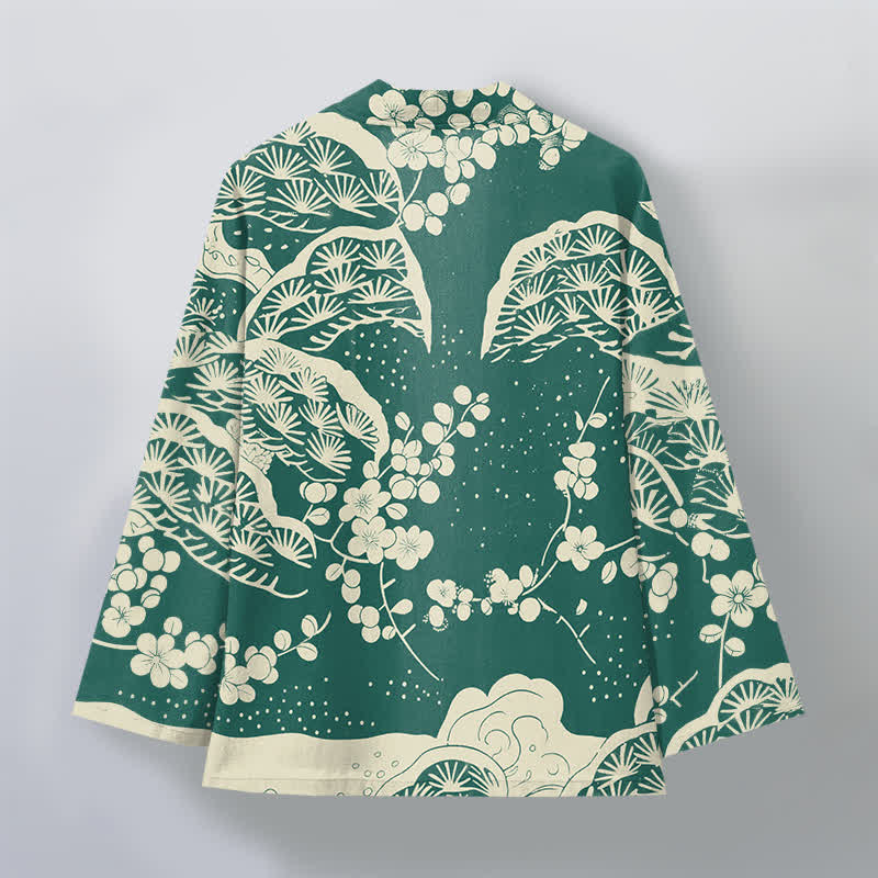 Buddha Stones Kimono da uomo con apertura frontale, in cotone, con motivo a fiori di pino e prugno. - image 8